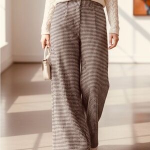 Wide Leg Houndstooth Pants - Neutral Brown